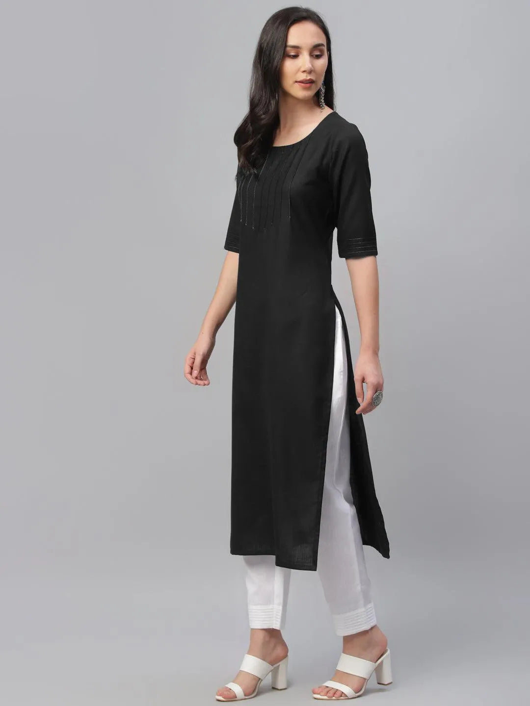 Black Solid Cotton Kurta - Libas 