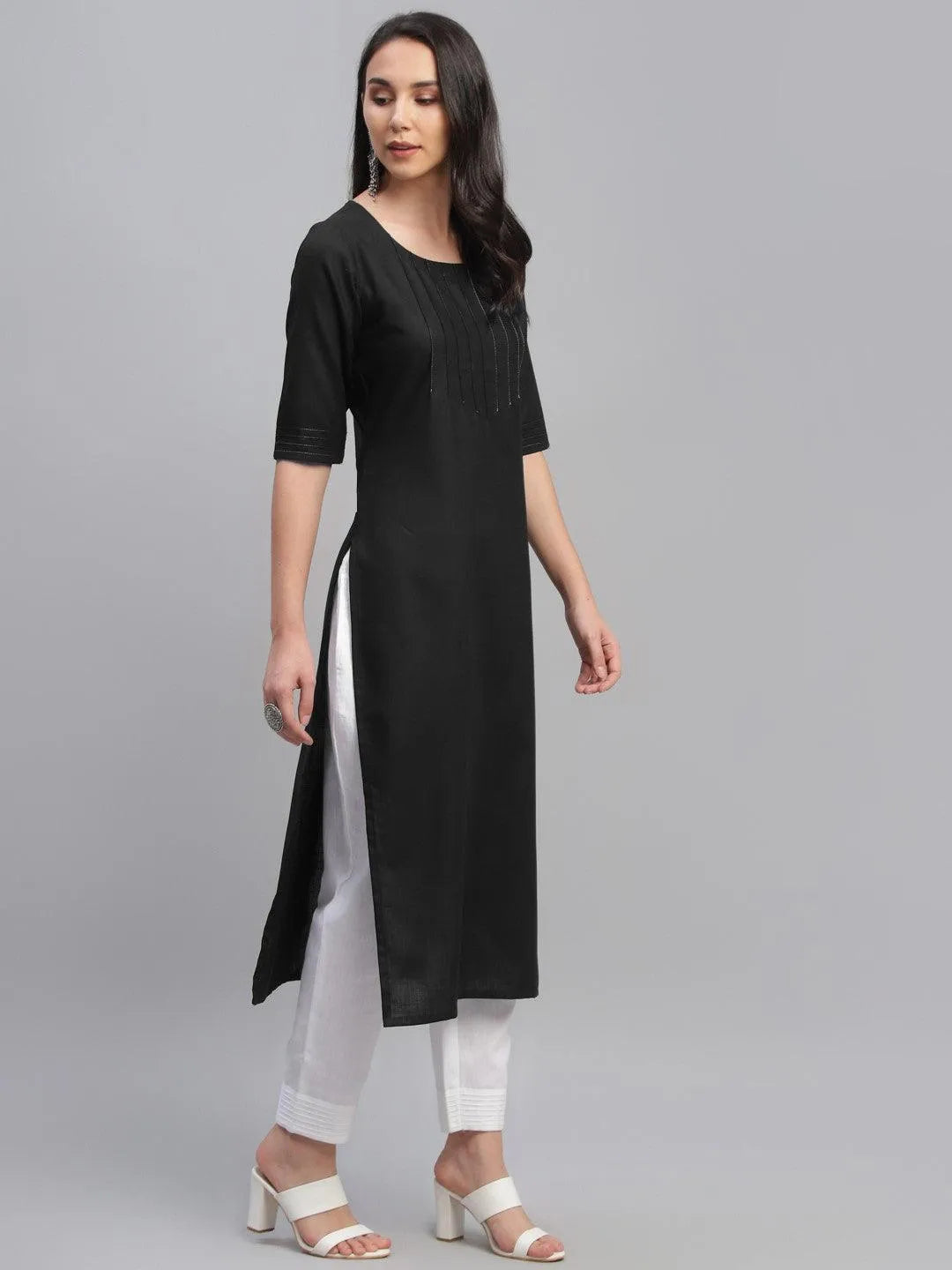 Black Solid Cotton Kurta - Libas 