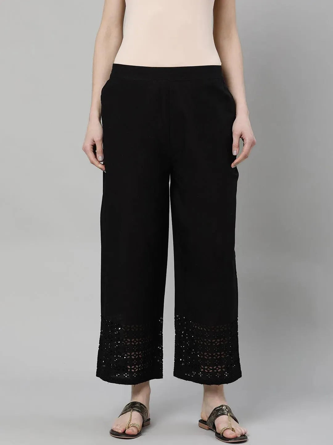 Black Solid Cotton Palazzos - Libas 