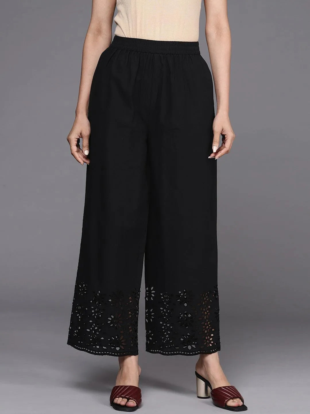 Black Solid Cotton Palazzos - Libas