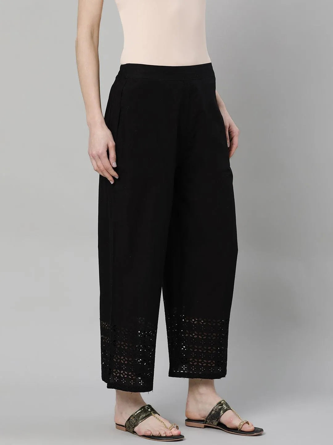 Black Solid Cotton Palazzos - Libas 