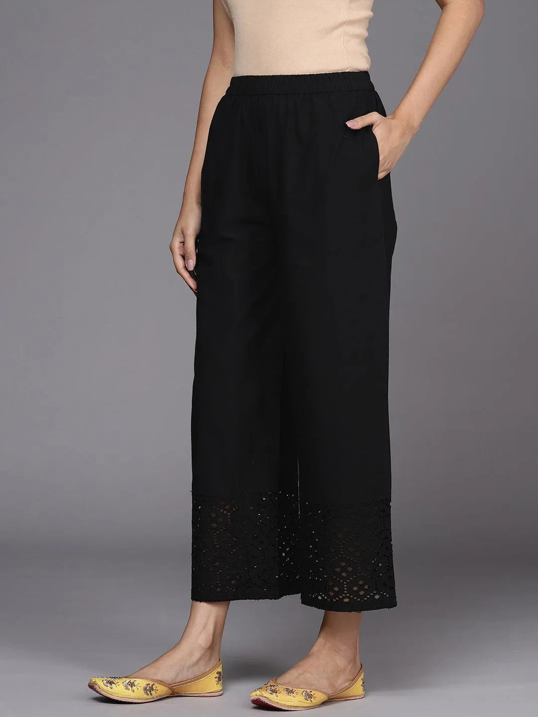 Black Solid Cotton Palazzos - Libas