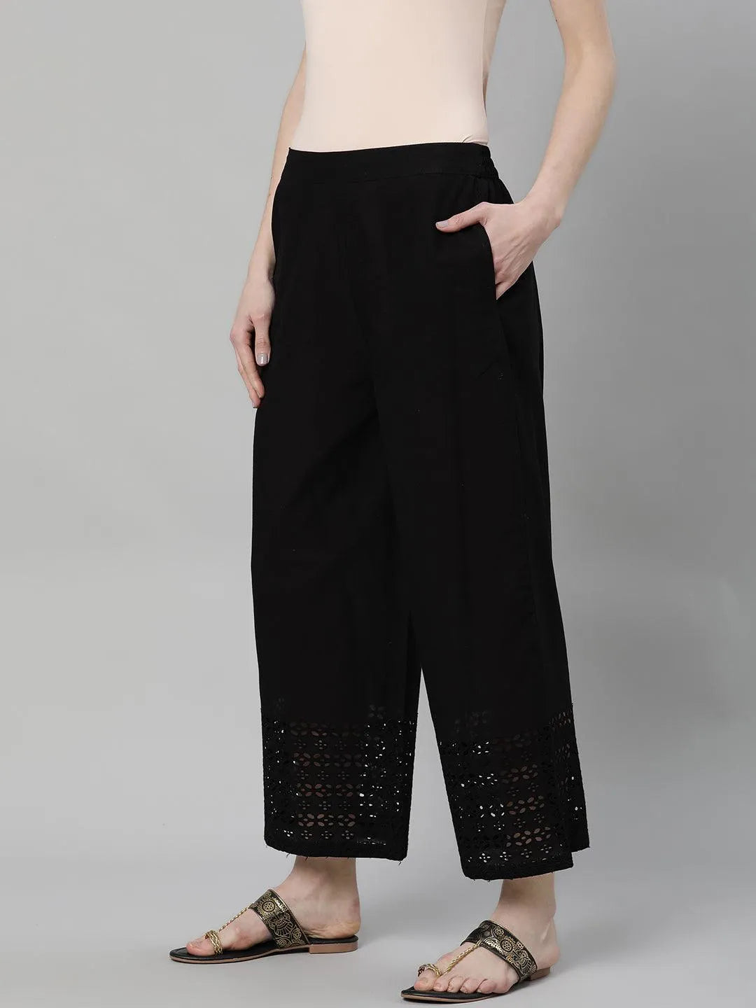 Black Solid Cotton Palazzos - Libas 