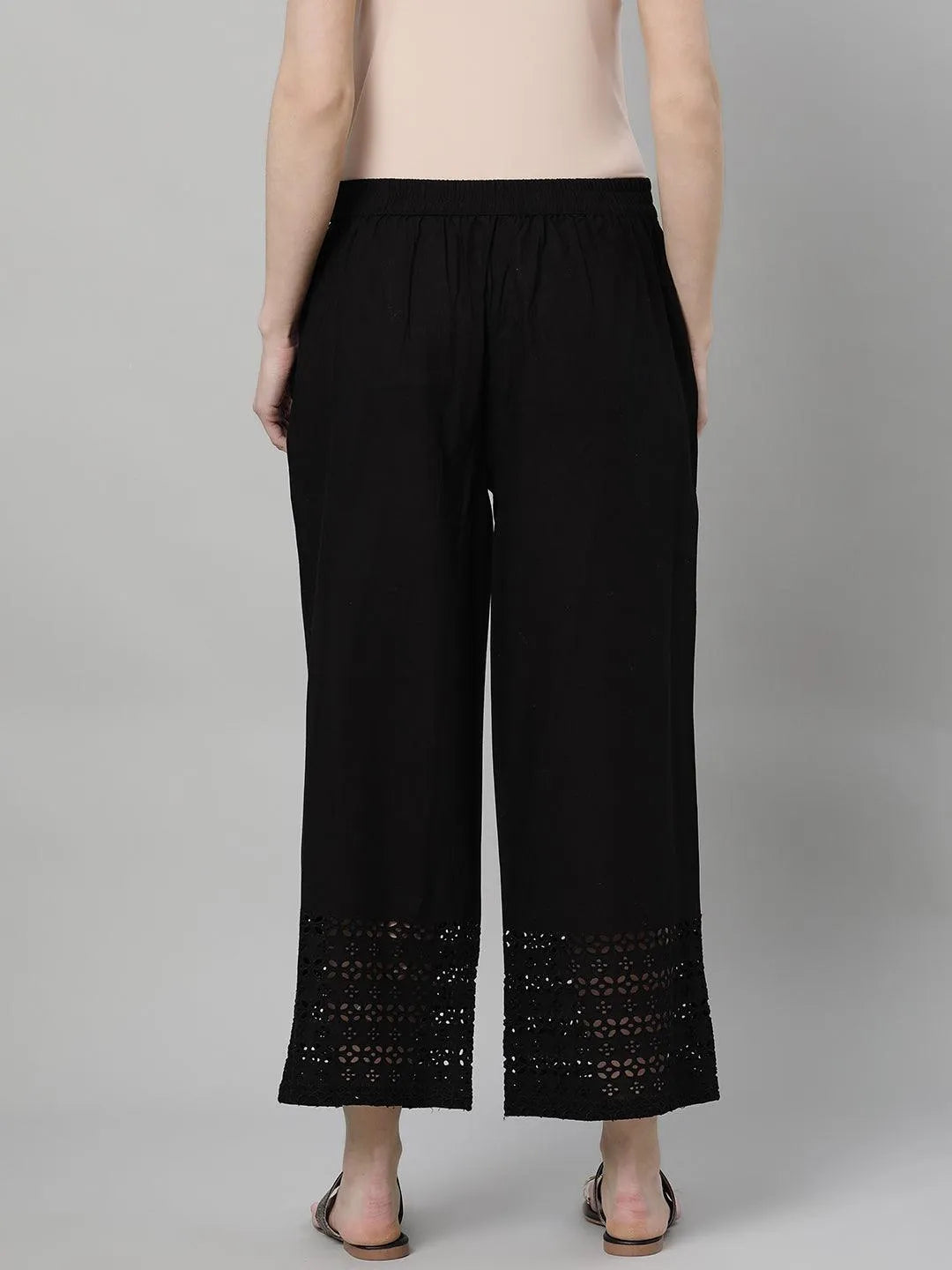 Black Solid Cotton Palazzos - Libas 