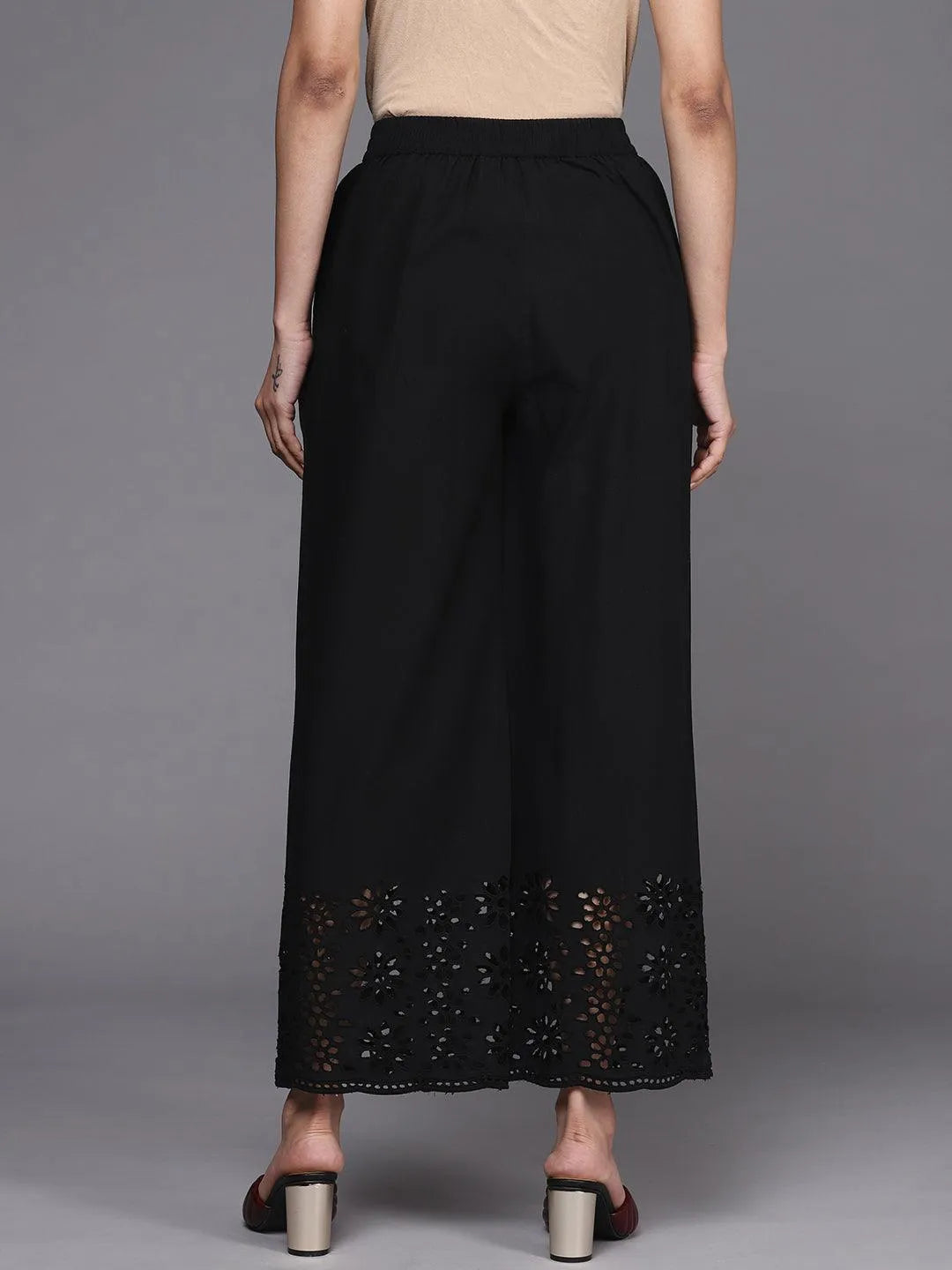 Black Solid Cotton Palazzos - Libas