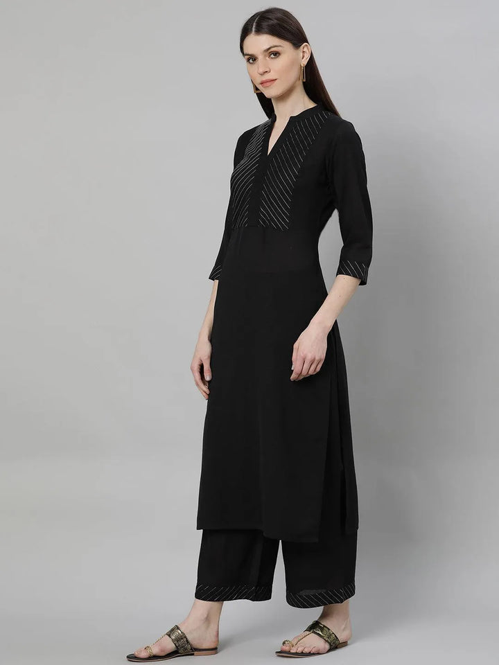 Black Solid Cotton Suit Set - Libas