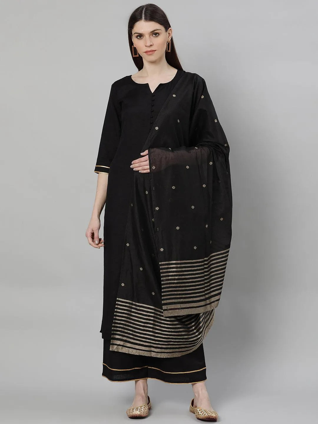 Black Solid Cotton Suit Set - Libas