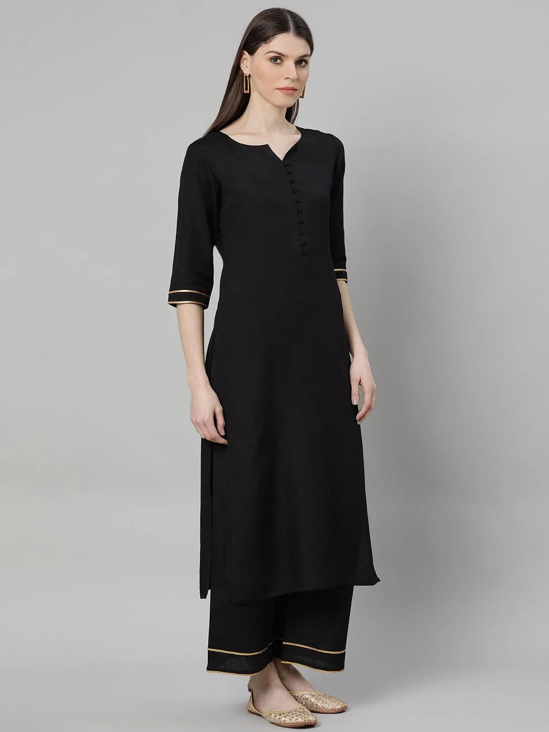 Black Solid Cotton Suit Set - Libas 