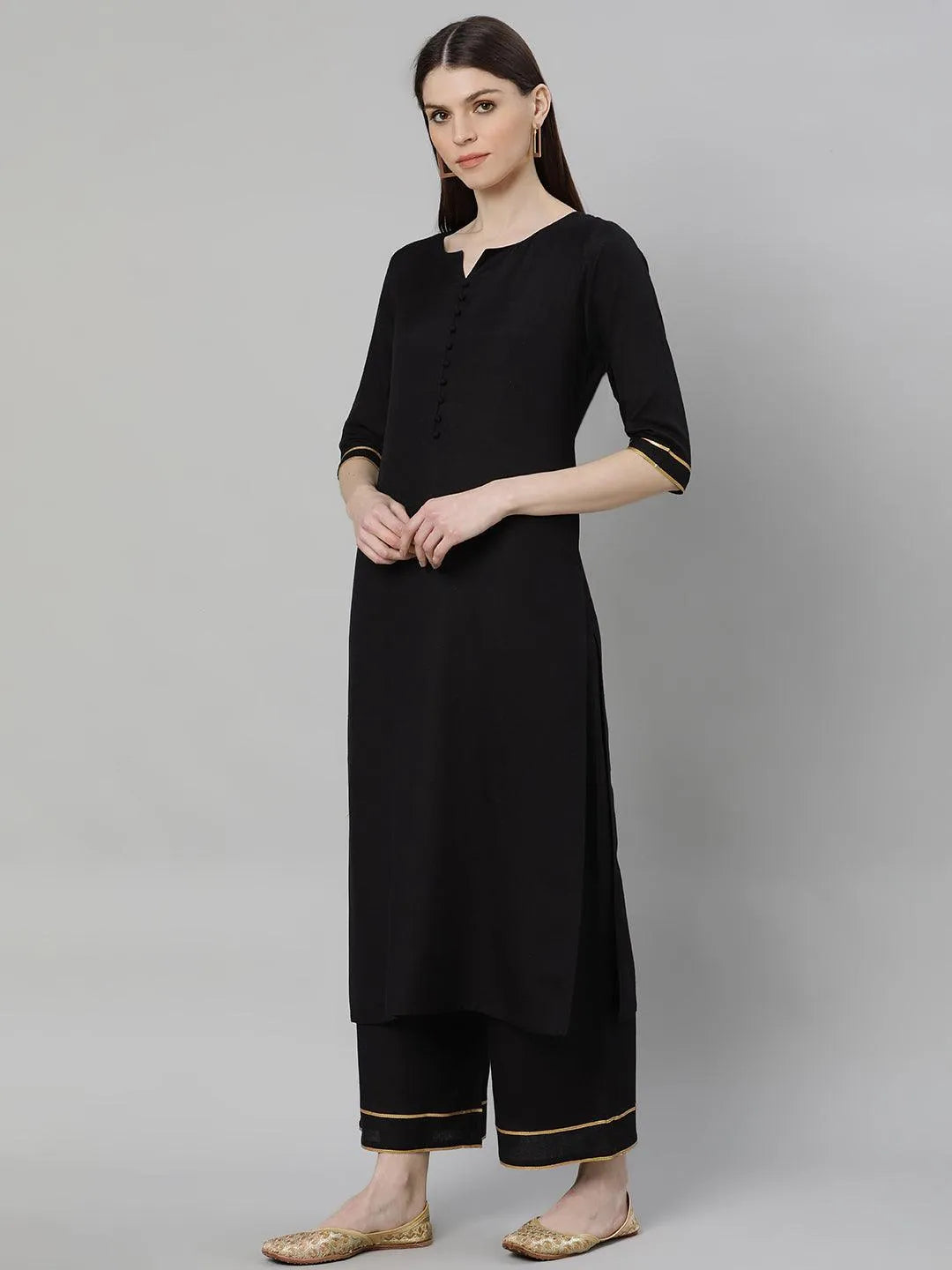 Black Solid Cotton Suit Set - Libas 