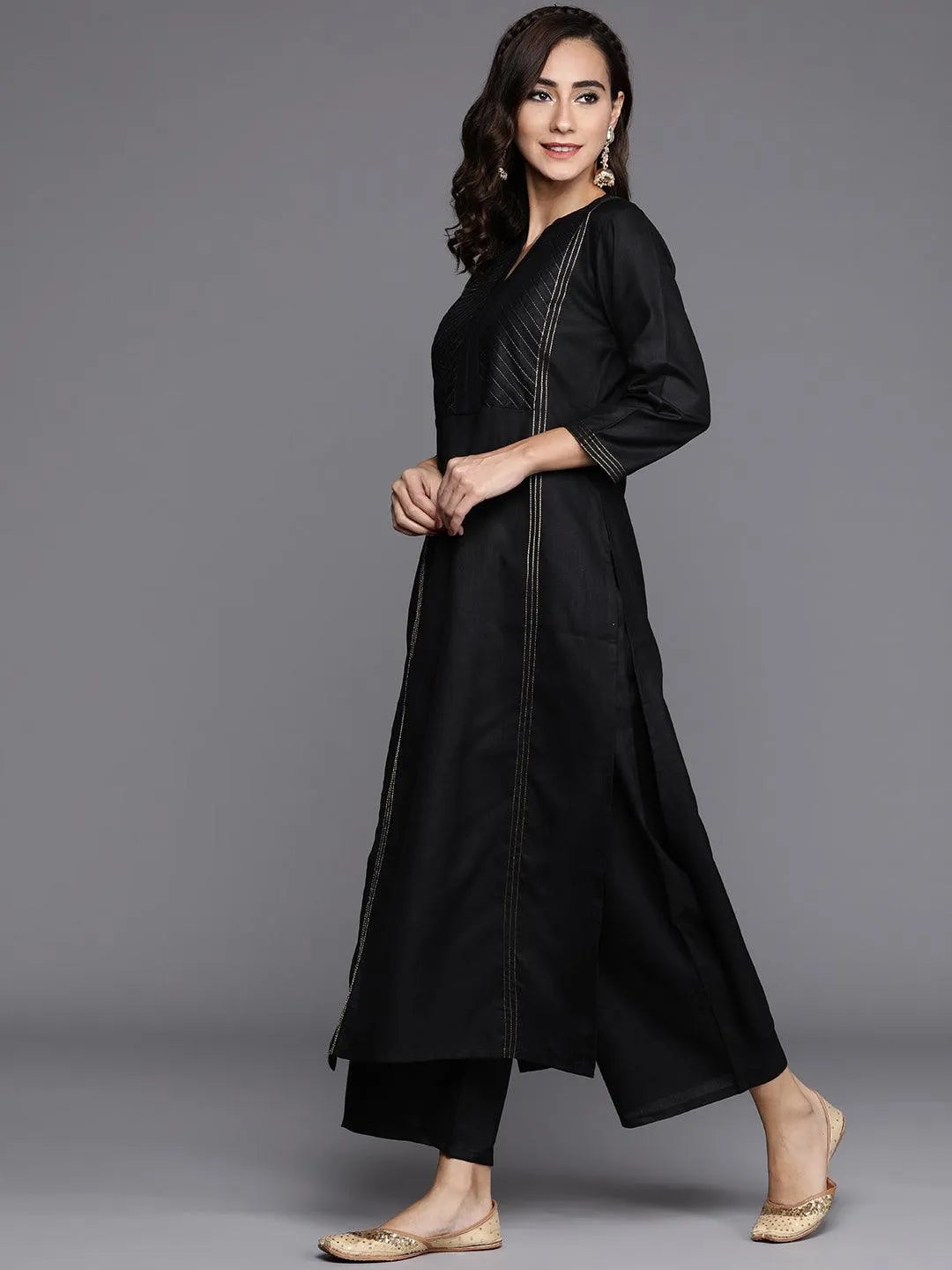 Black Solid Cotton Suit Set - Libas 