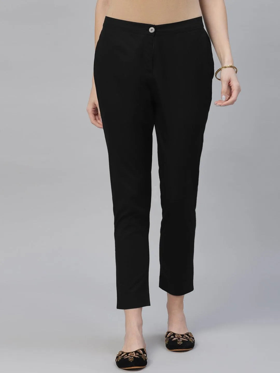 Black Solid Cotton Trousers - Libas