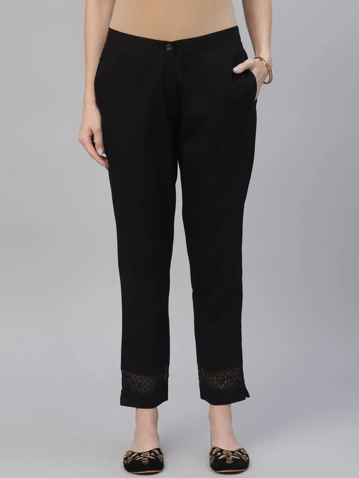 Black Solid Cotton Trousers - Libas