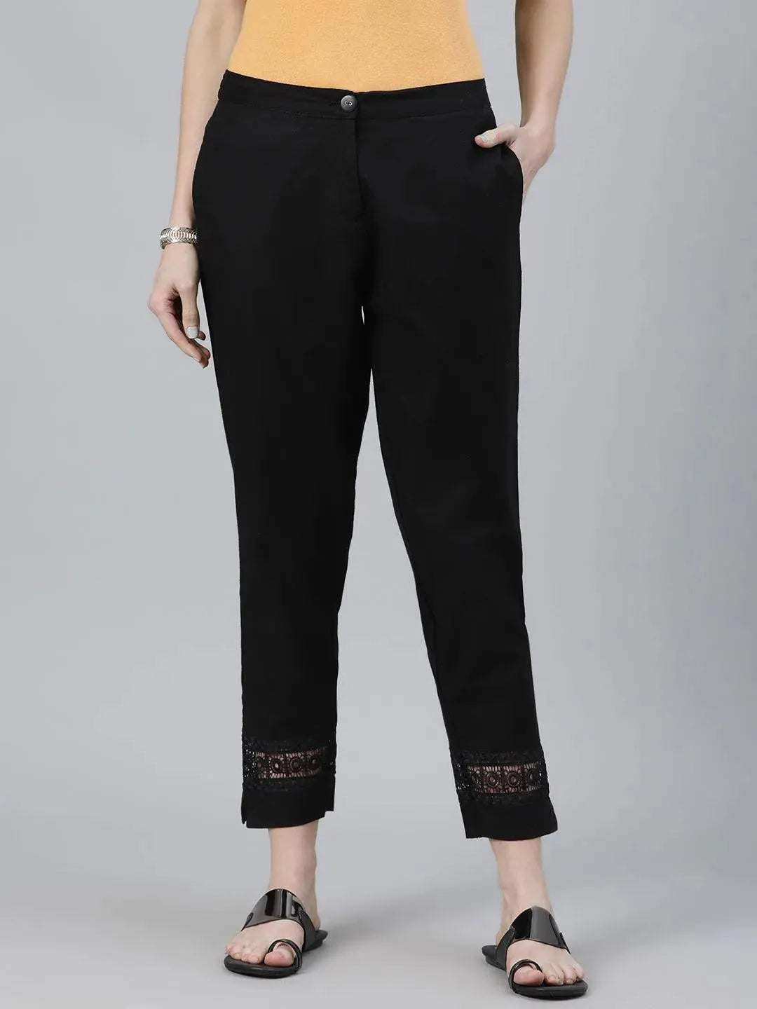 Black Solid Cotton Trousers - Libas