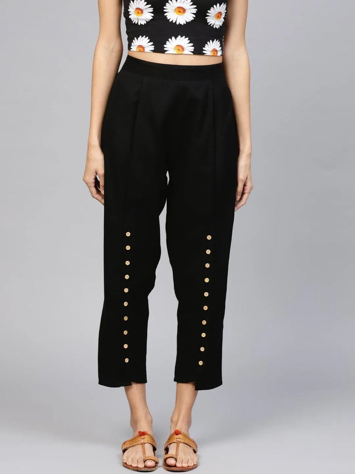 Black Solid Cotton Trousers - Libas