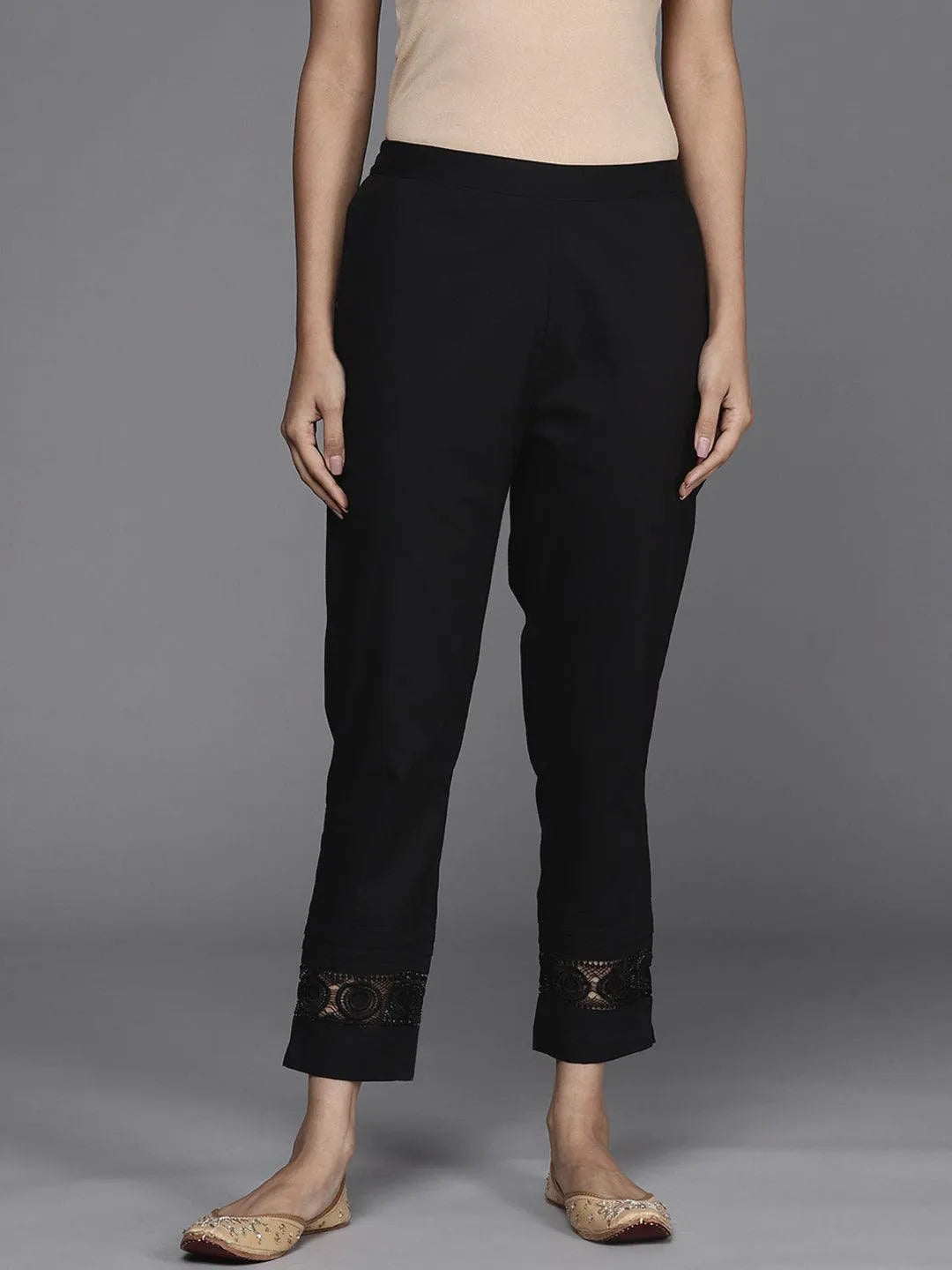 Black Solid Cotton Trousers - Libas