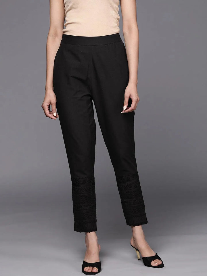 Black Solid Cotton Trousers - Libas