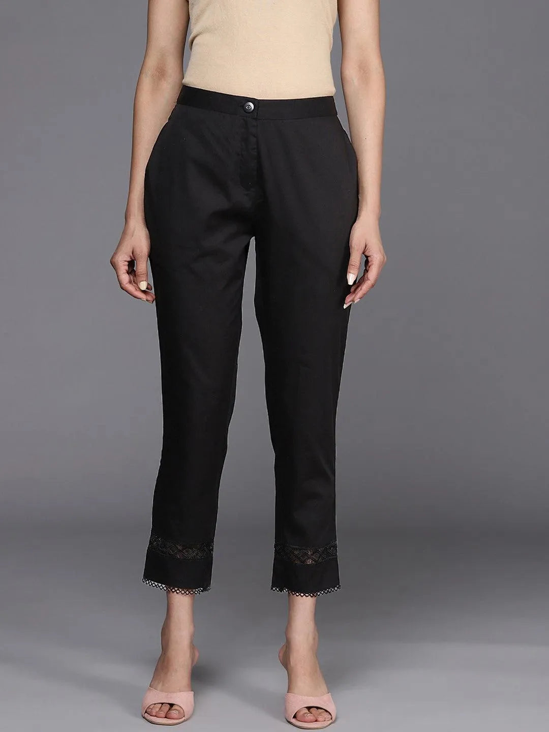 Black Solid Cotton Trousers - Libas