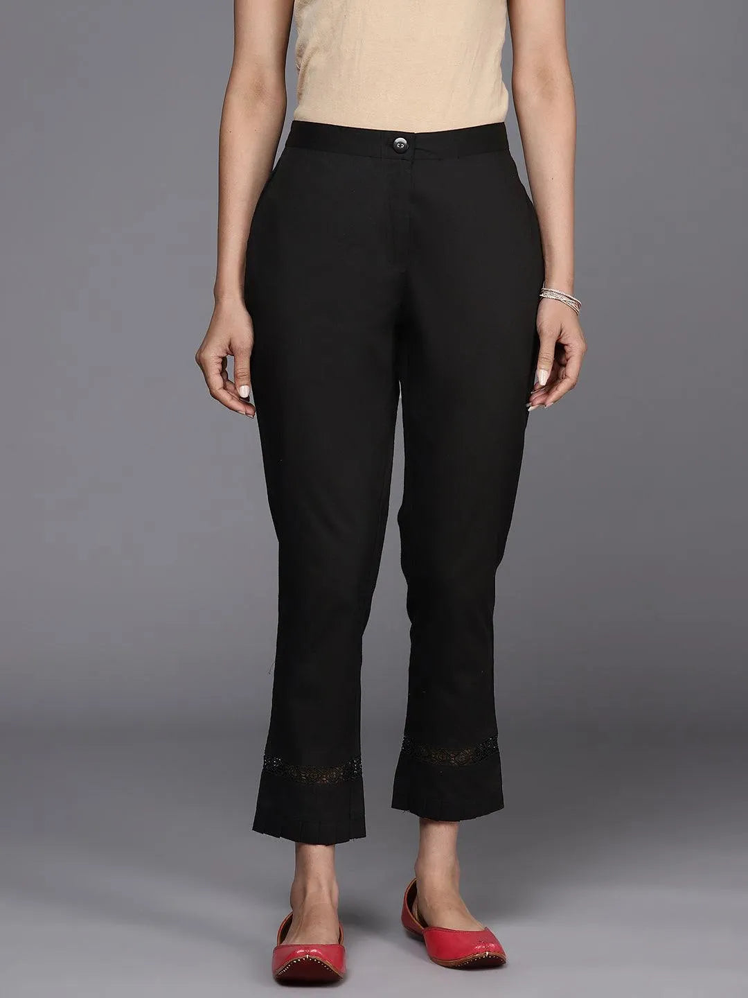 Black Solid Cotton Trousers - Libas