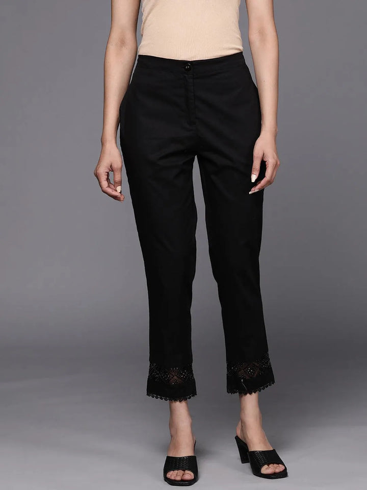 Black Solid Cotton Trousers - Libas