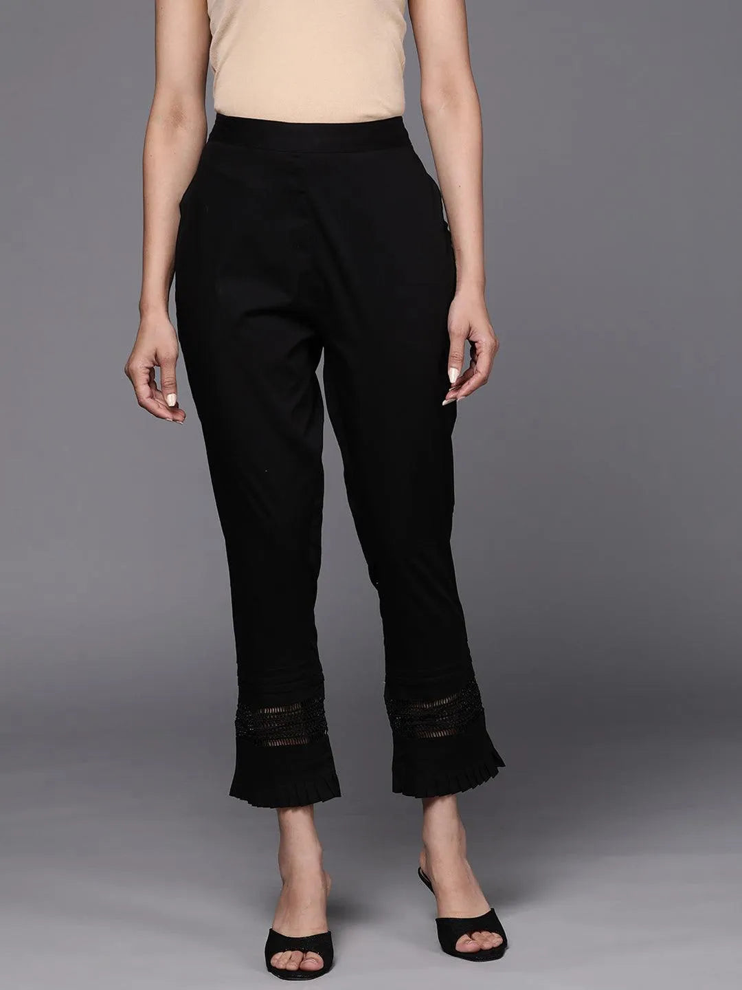 Black Solid Cotton Trousers - Libas