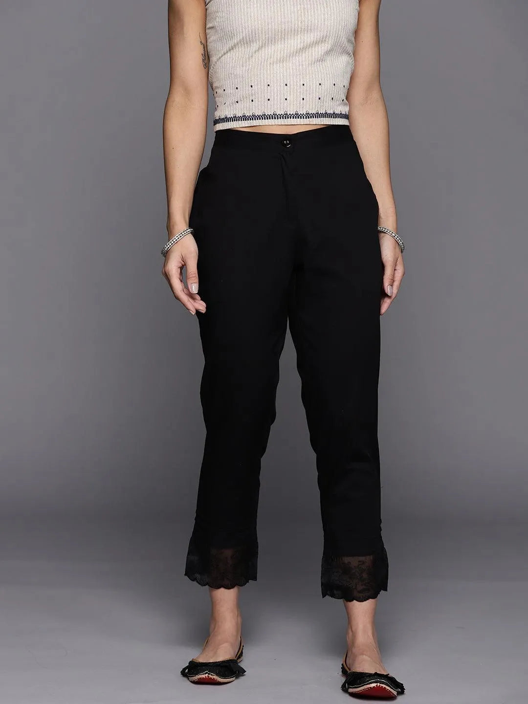 Black Solid Cotton Trousers - Libas