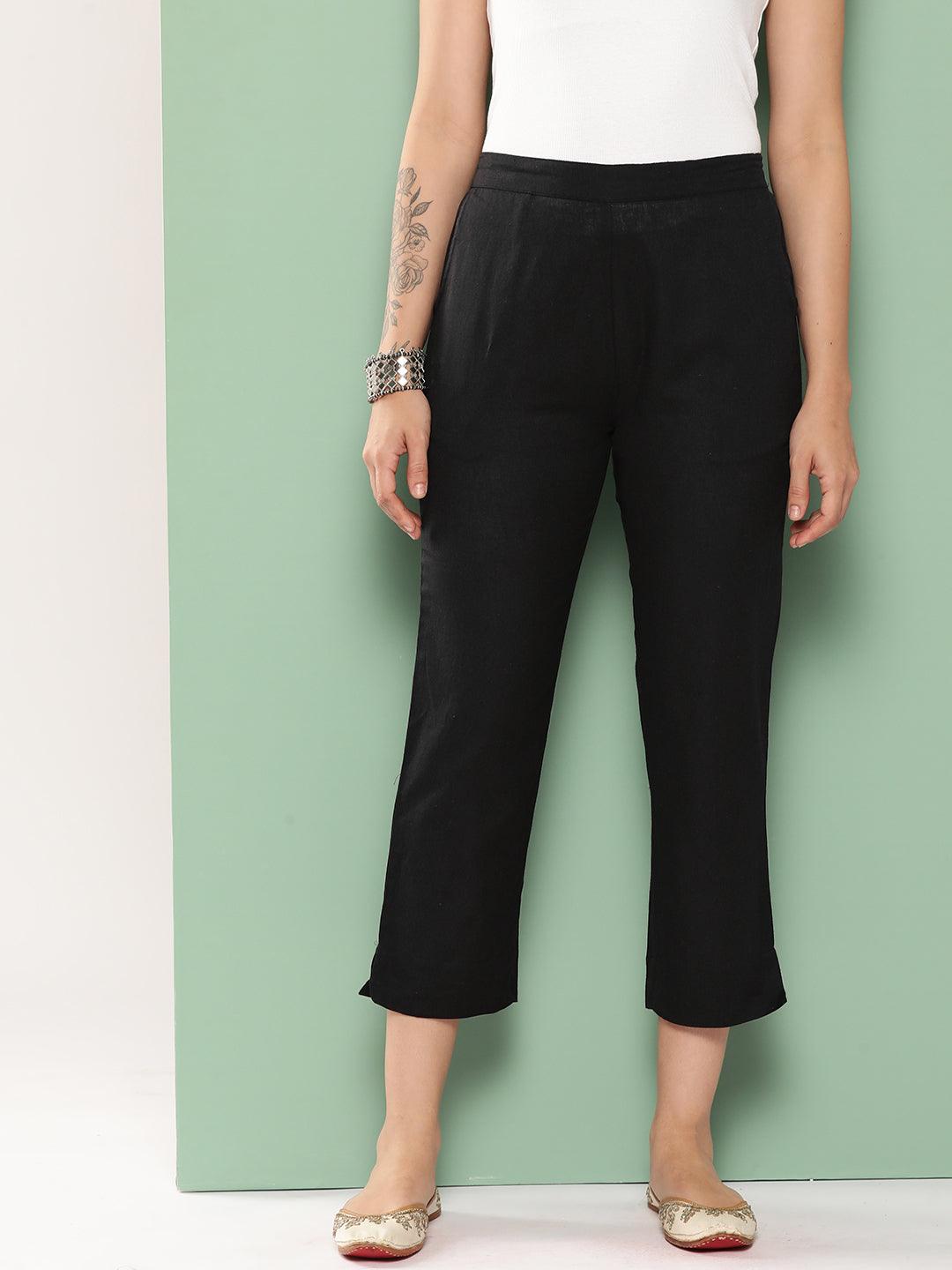 Black Solid Cotton Trousers - Libas