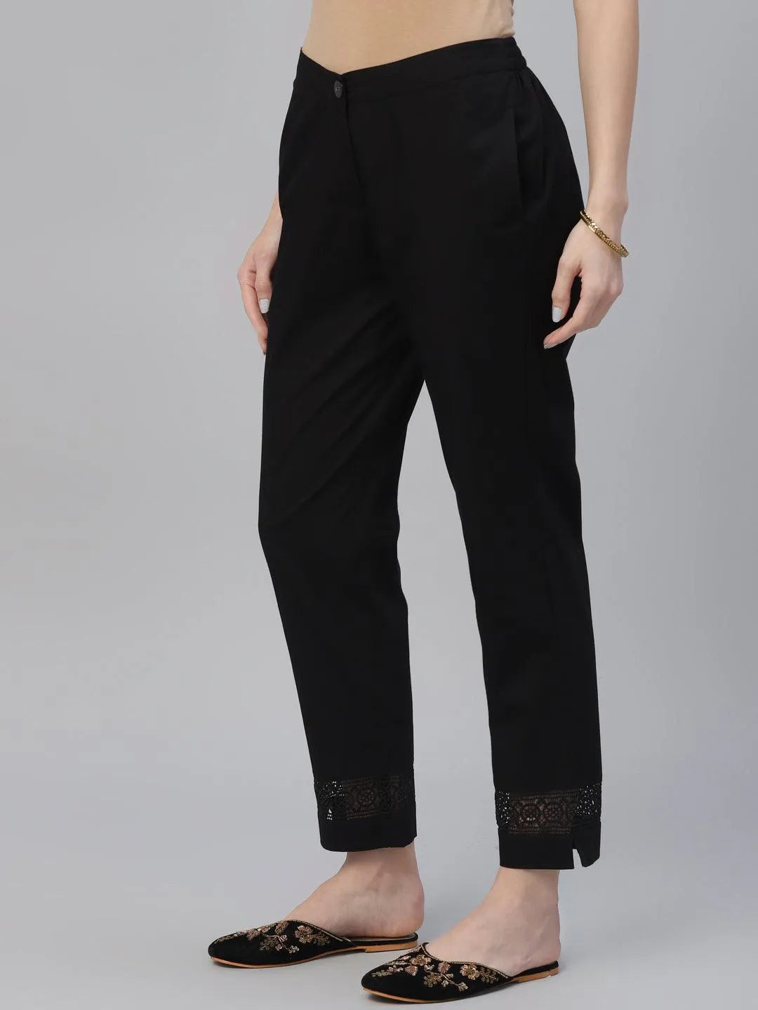 Black Solid Cotton Trousers - Libas