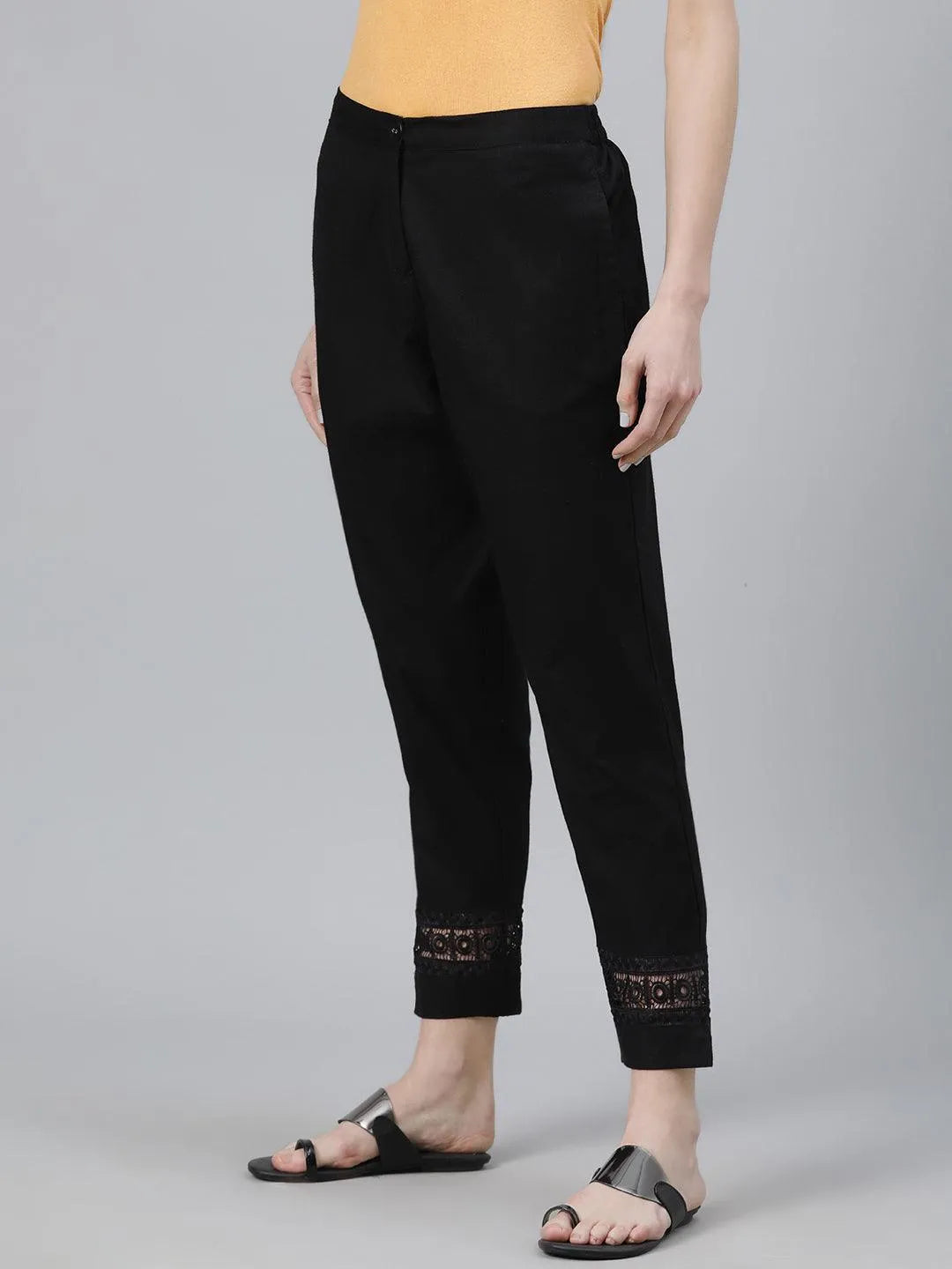 Black Solid Cotton Trousers - Libas