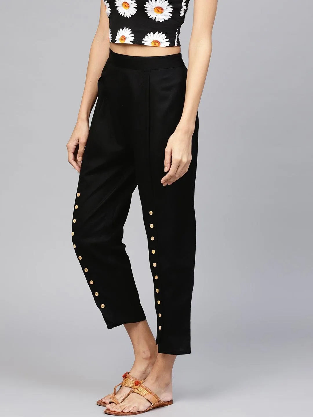 Black Solid Cotton Trousers - Libas 