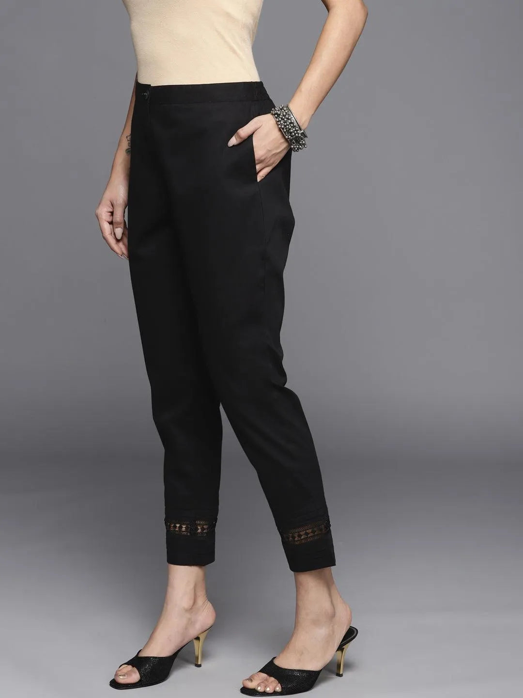 Black Solid Cotton Trousers - Libas