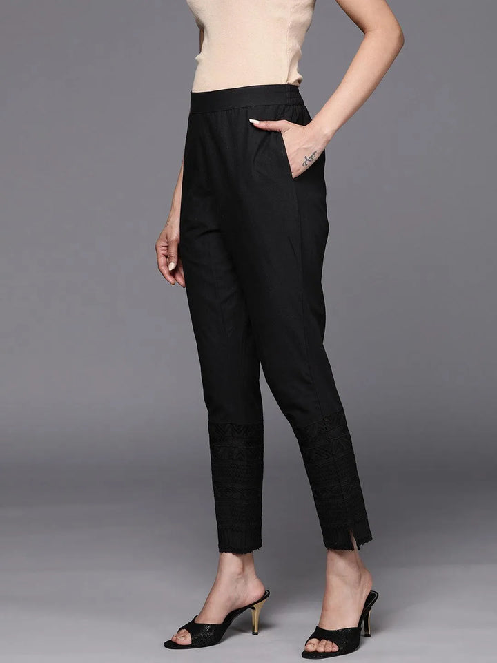 Black Solid Cotton Trousers - Libas