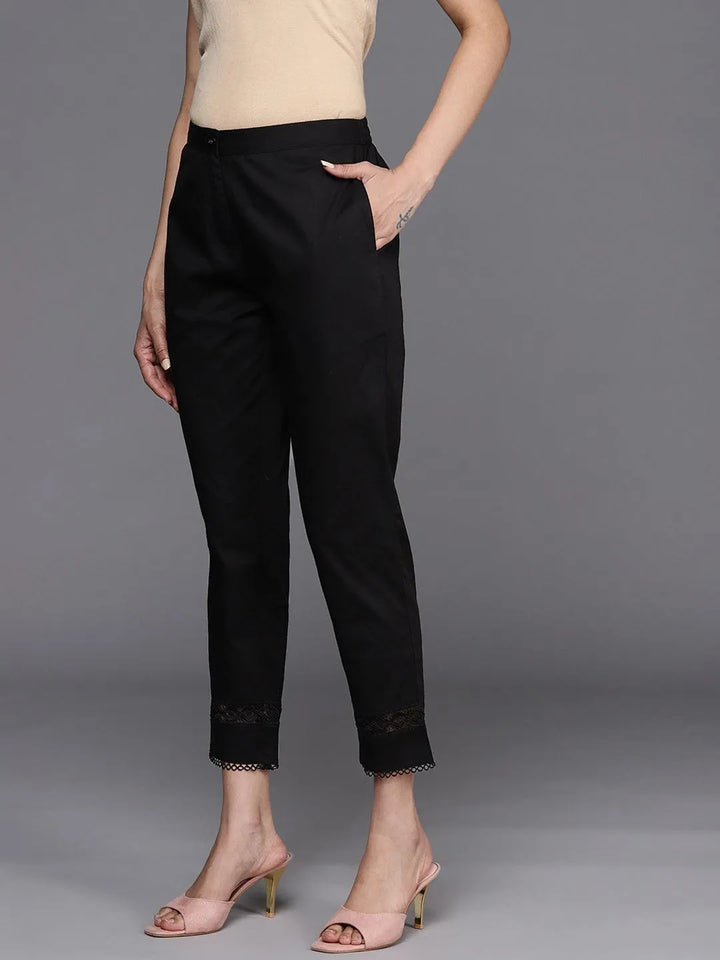 Black Solid Cotton Trousers - Libas