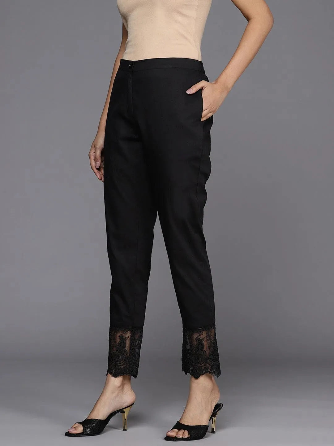 Black Solid Cotton Trousers - Libas