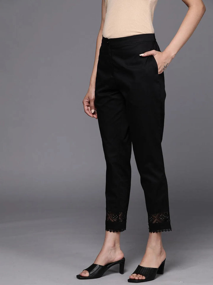 Black Solid Cotton Trousers - Libas