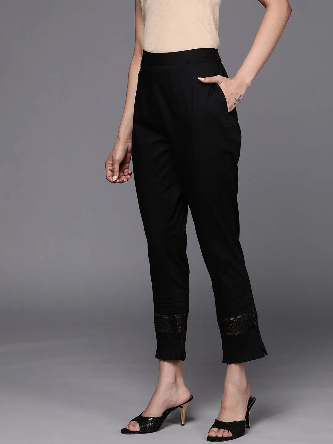 Black Solid Cotton Trousers - Libas