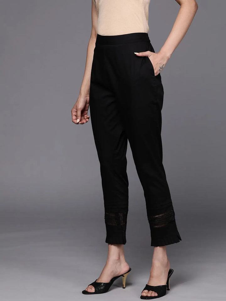 Black Solid Cotton Trousers - Libas