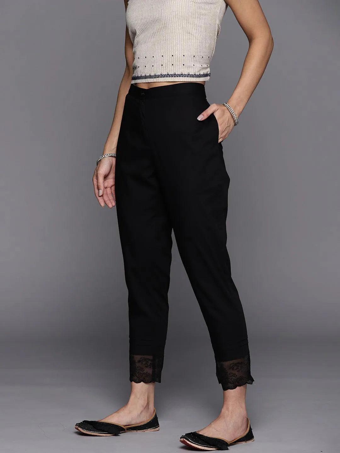 Black Solid Cotton Trousers - Libas