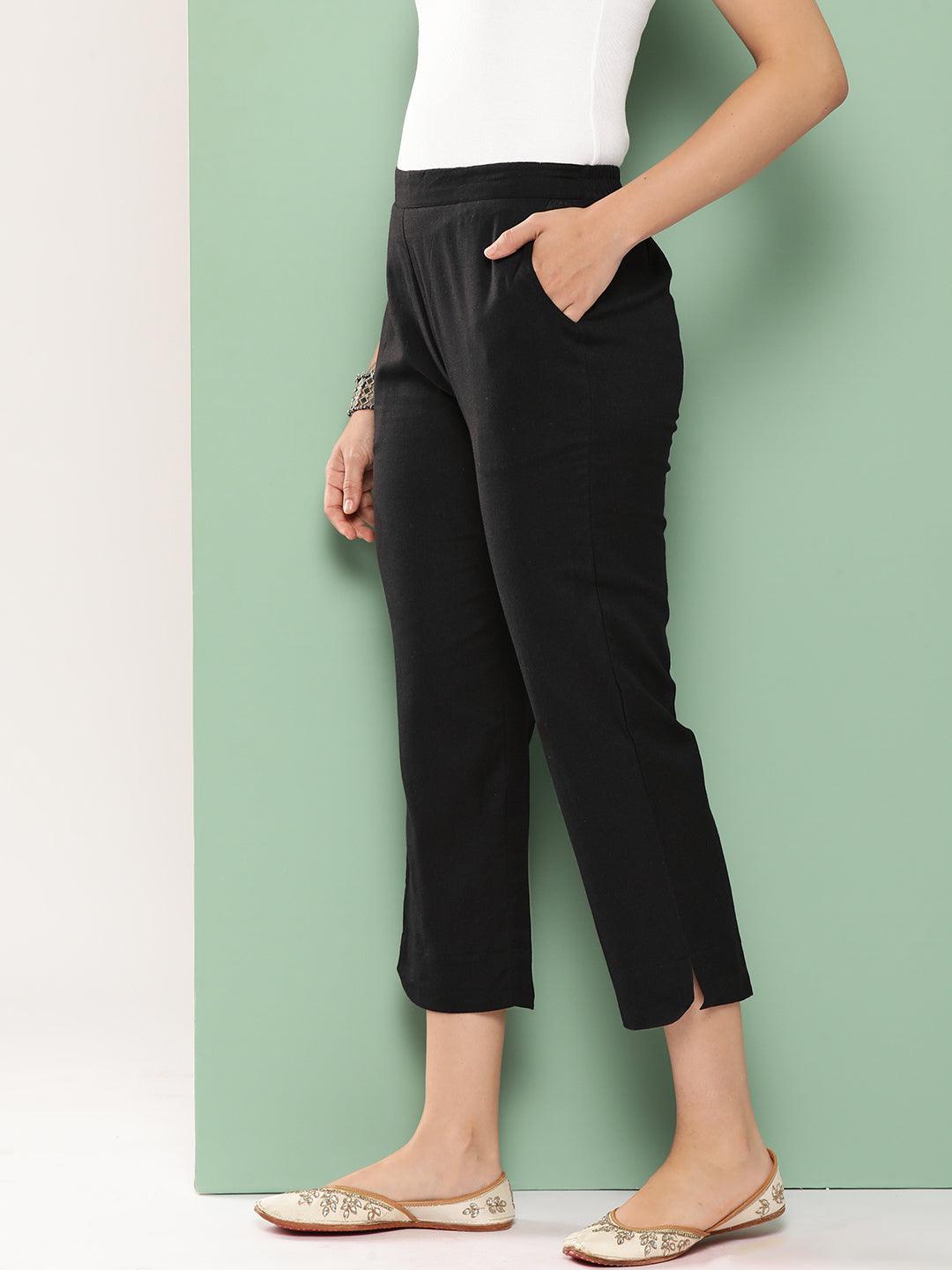 Black Solid Cotton Trousers - Libas 