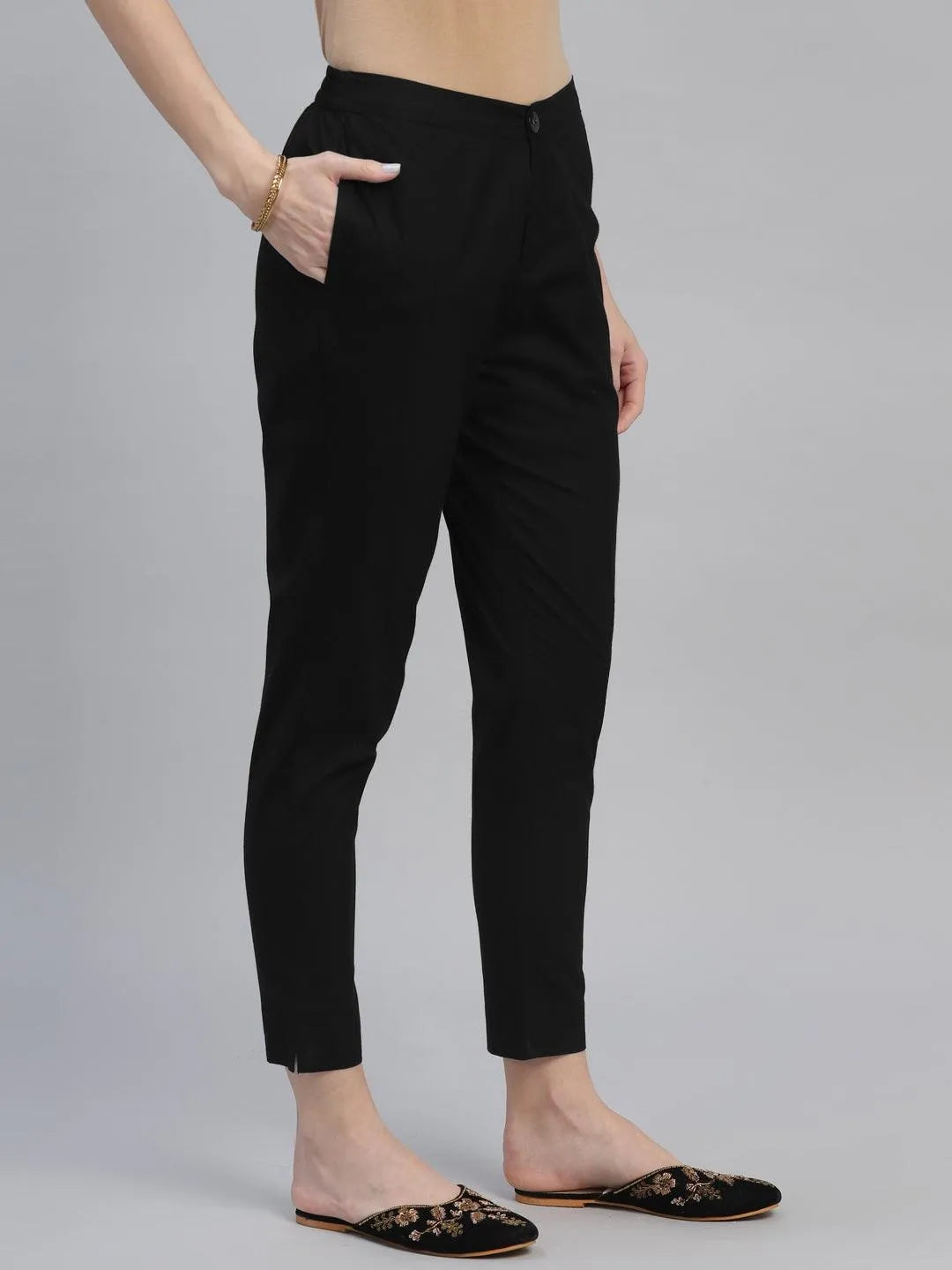 Black Solid Cotton Trousers - Libas