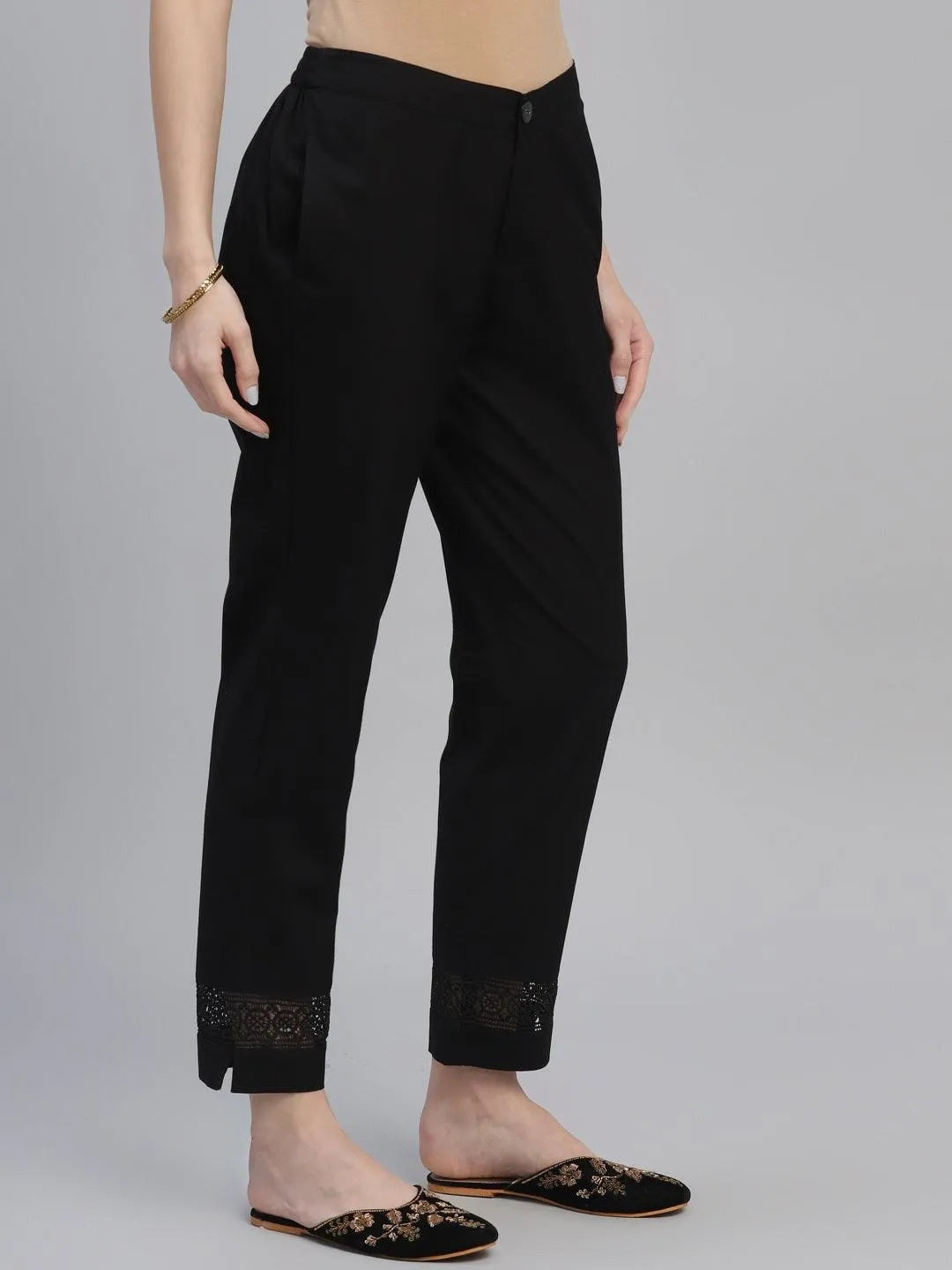 Black Solid Cotton Trousers - Libas 