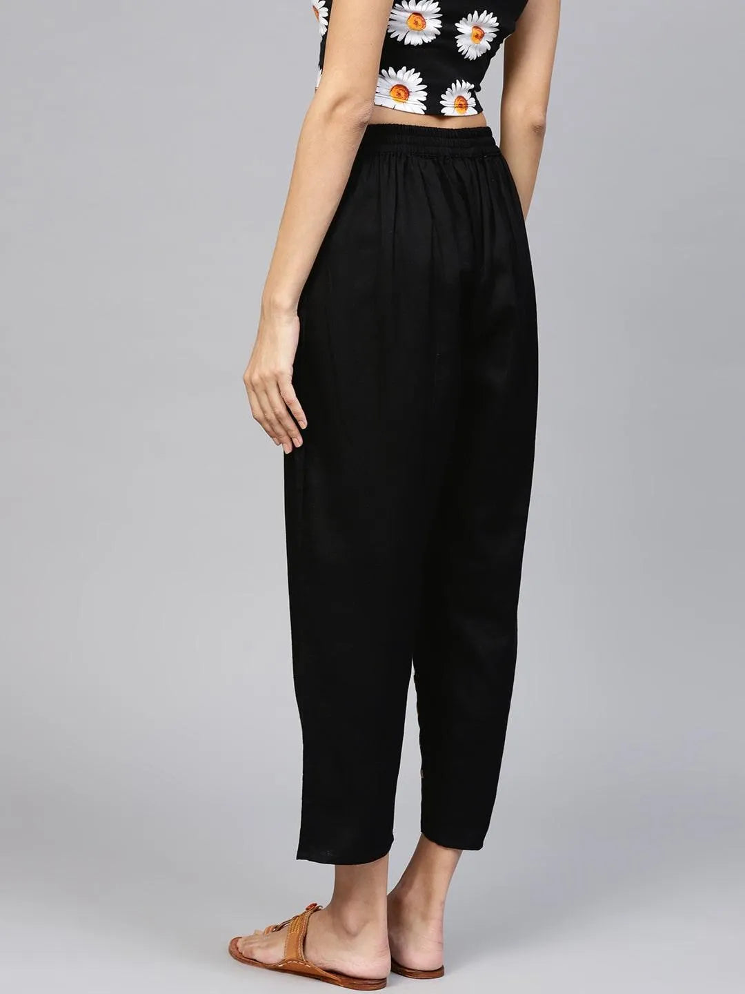 Black Solid Cotton Trousers - Libas 