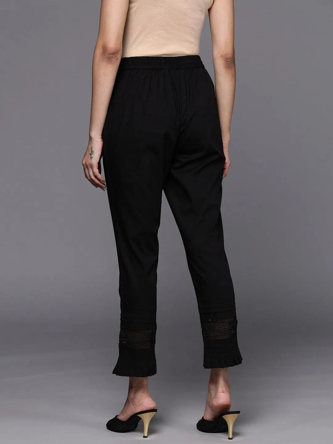 Black Solid Cotton Trousers - Libas