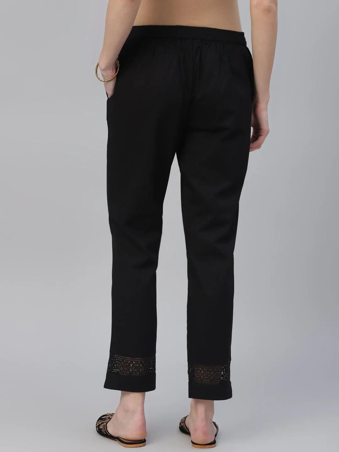 Black Solid Cotton Trousers - Libas 