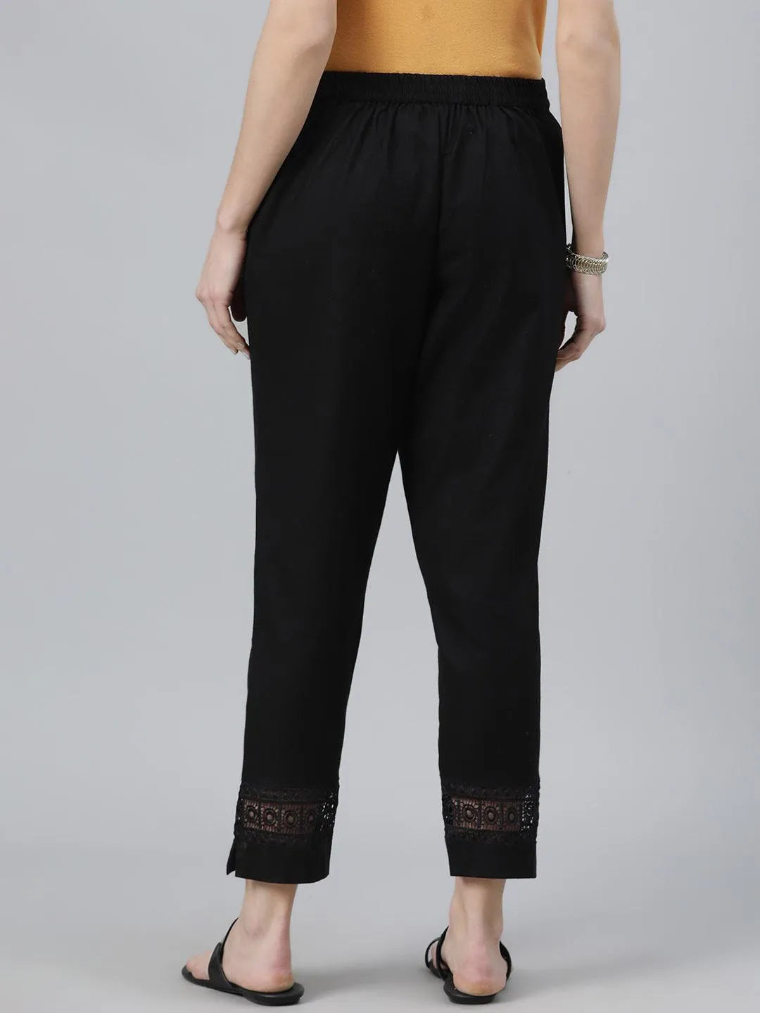 Black Solid Cotton Trousers - Libas