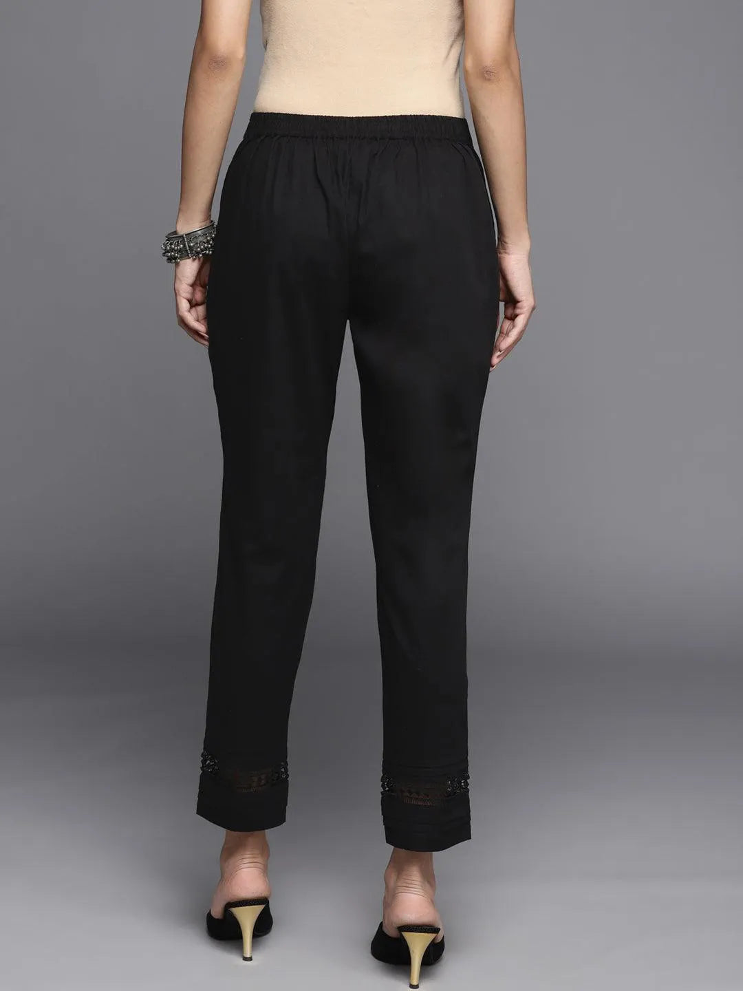 Black Solid Cotton Trousers - Libas