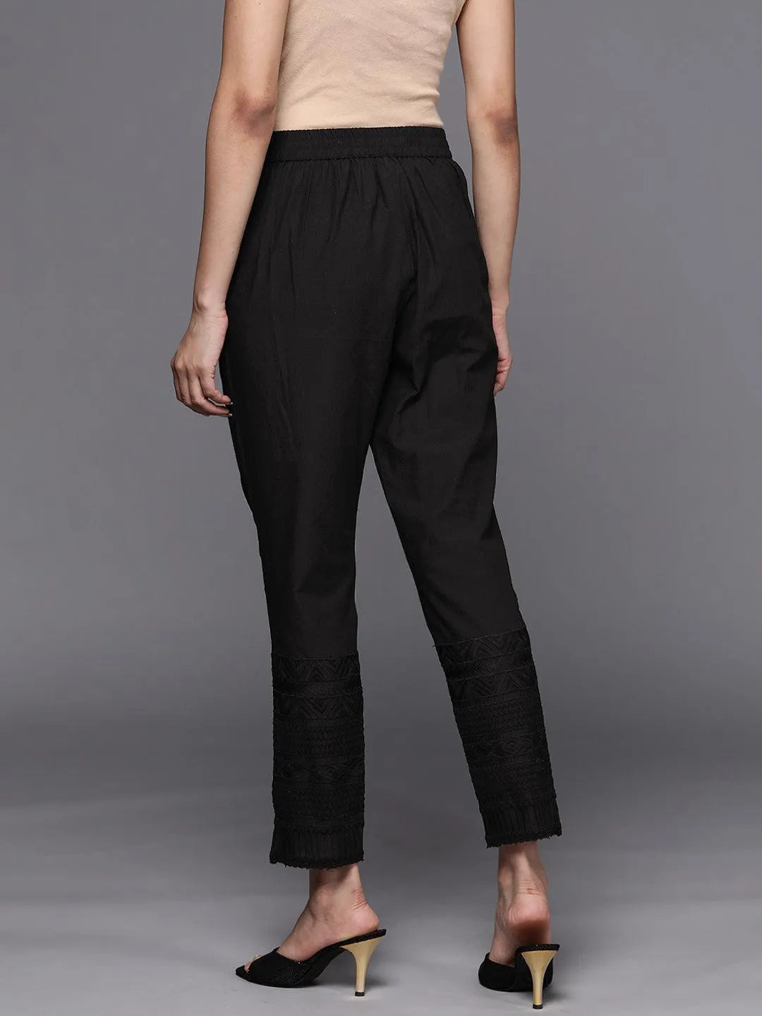 Black Solid Cotton Trousers - Libas