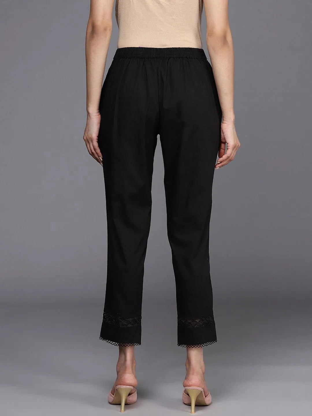 Black Solid Cotton Trousers - Libas