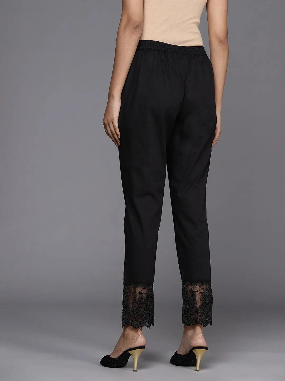 Black Solid Cotton Trousers - Libas