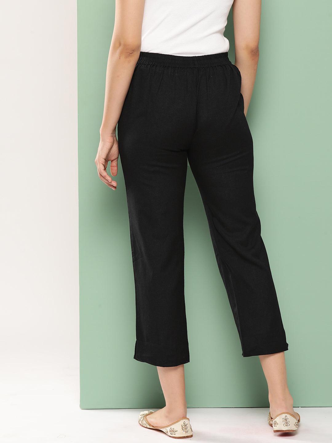 Black Solid Cotton Trousers - Libas 