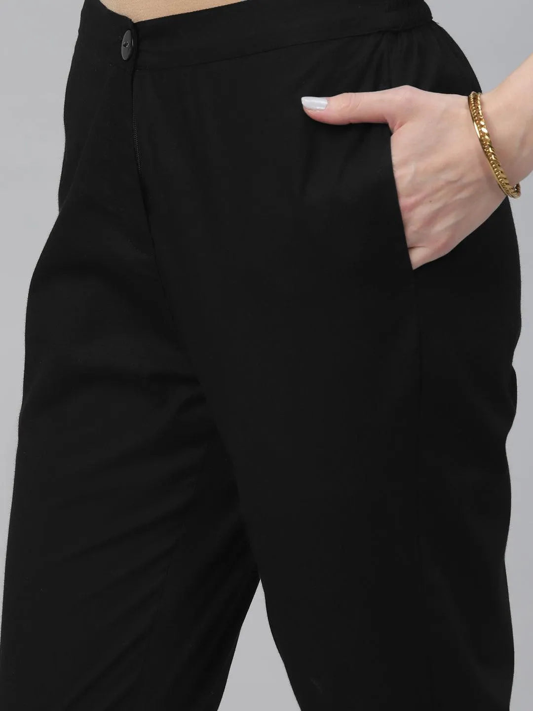 Black Solid Cotton Trousers - Libas 